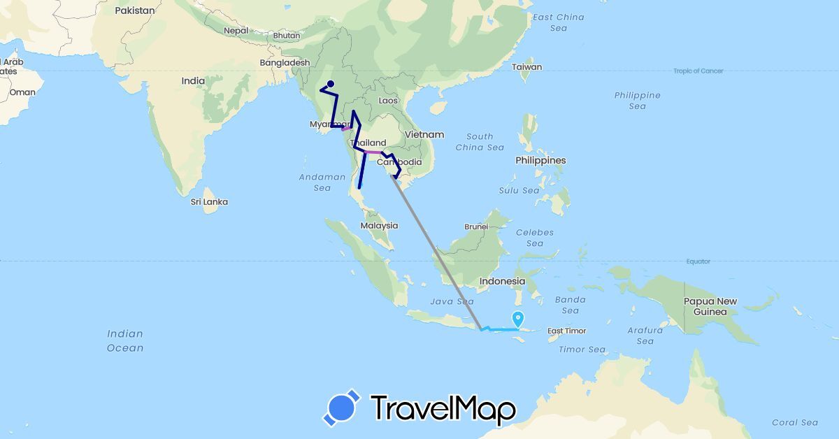 TravelMap itinerary: driving, plane, train, boat in Indonesia, Cambodia, Myanmar (Burma), Thailand (Asia)